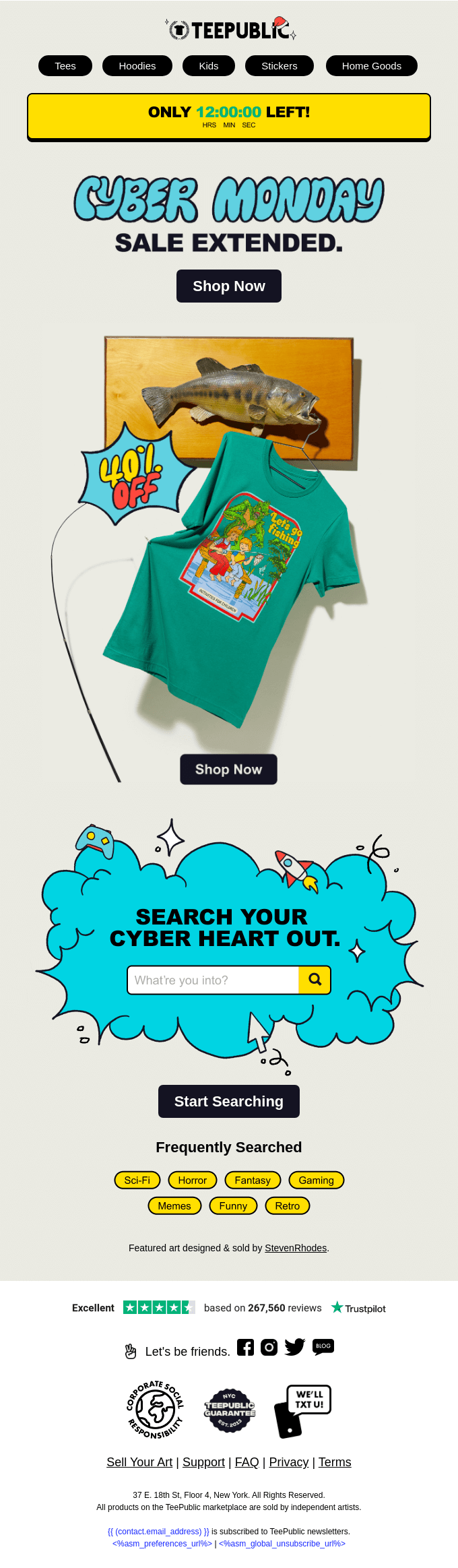 Cyber monday email displaying a creative t-shirt design, showcasing vibrant colors and unique graphics for potential buyers.