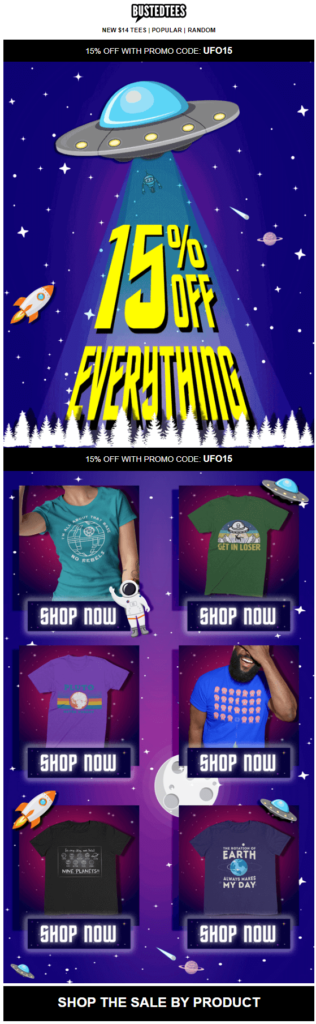 Email design promoting a sale of t-shirts featuring designs inspired by extraterrestrial culture and themes.