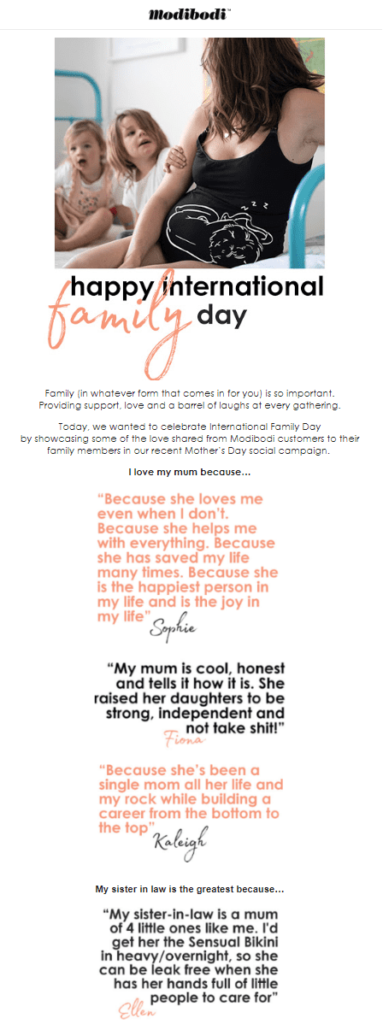 Email design featuring joyful family celebrating International Family Day, sharing stories in a warm, loving atmosphere.