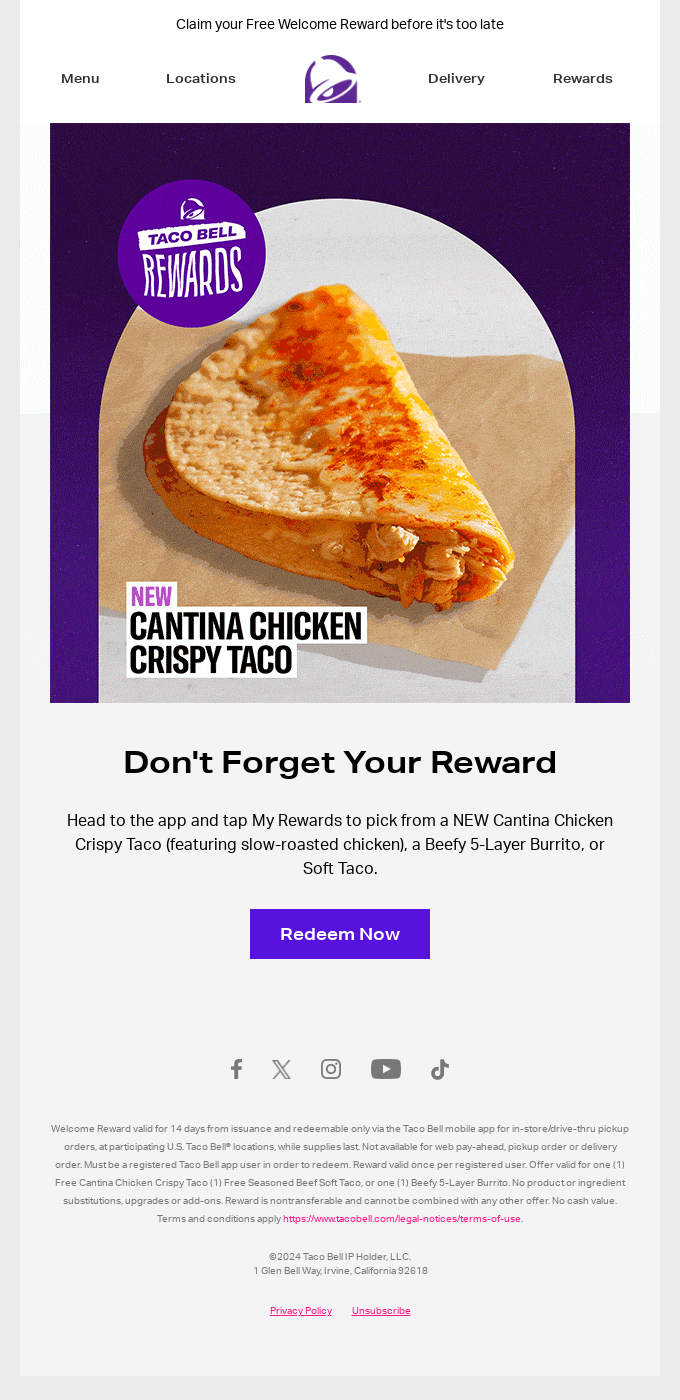A newsletter featuring a taco on a vibrant purple background, promoting a reward offer.