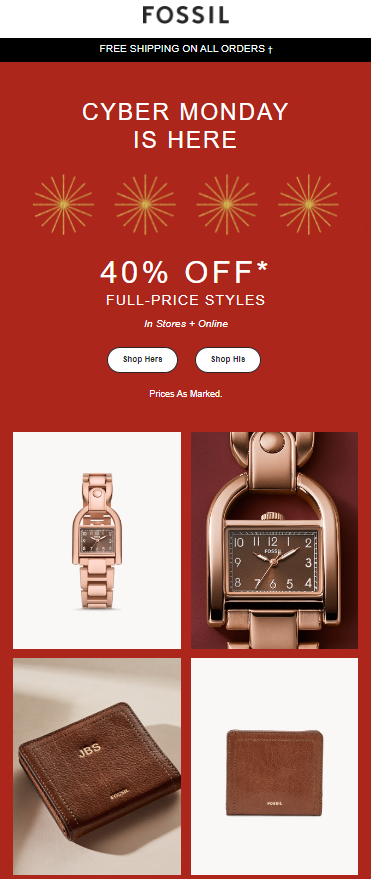 Promotional image for Fossil's Cyber Monday sale, highlighting special offers on stylish watches and accessories.