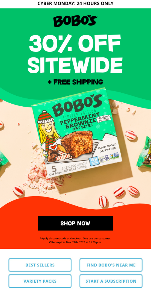 Promotional email for Bobos Cyber Week Sale featuring discounts and special offers on various products.