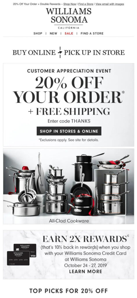 Image of a Williams Sonoma coupon code, showcasing a discount offer for kitchenware and home goods.