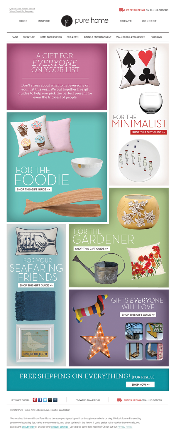 An overview of email design, featuring diverse items as presented in the gift guide email.