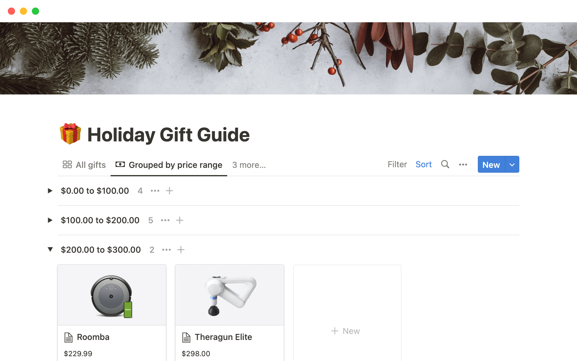 Holiday gift guide, highlighting gifts sorted by price categories for user-friendly navigation.