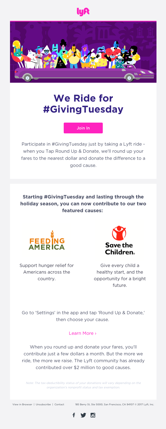 Giving Tuesday email, showcasing its mission to promote charitable giving and community support.