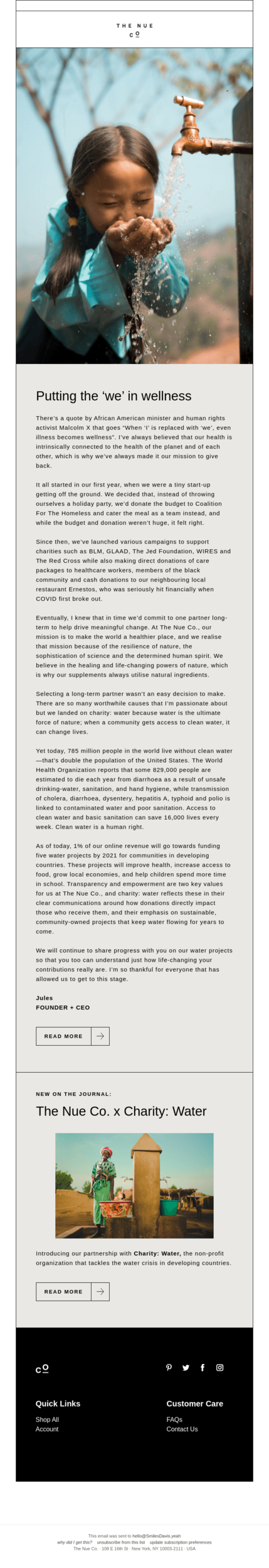 Email design showcasing the water project, featuring a clean layout and engaging visuals related to water conservation.