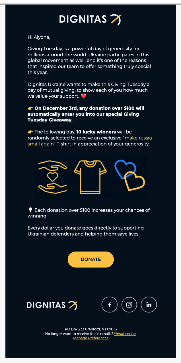A digital thank you letter from Dignitas, expressing gratitude in a professional email format.