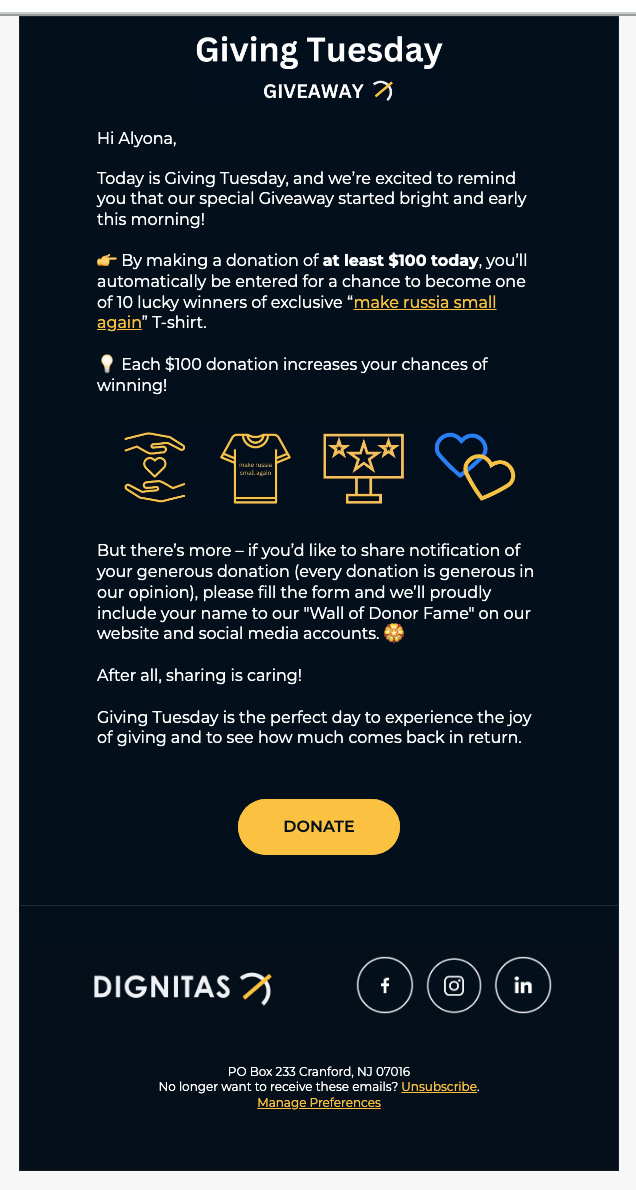 Graphic showcasing Dignitas's "Giving Tuesday" giveaway, promoting charitable contributions and community involvement.
