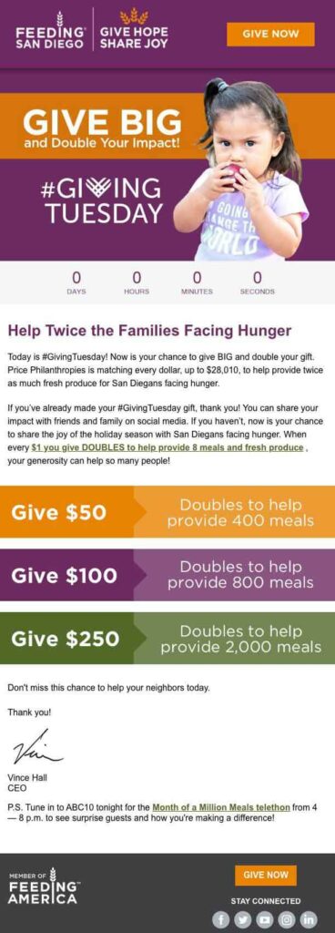 Website page showcasing the Give Big campaign, focused on the Family Feeding Hunger initiative.