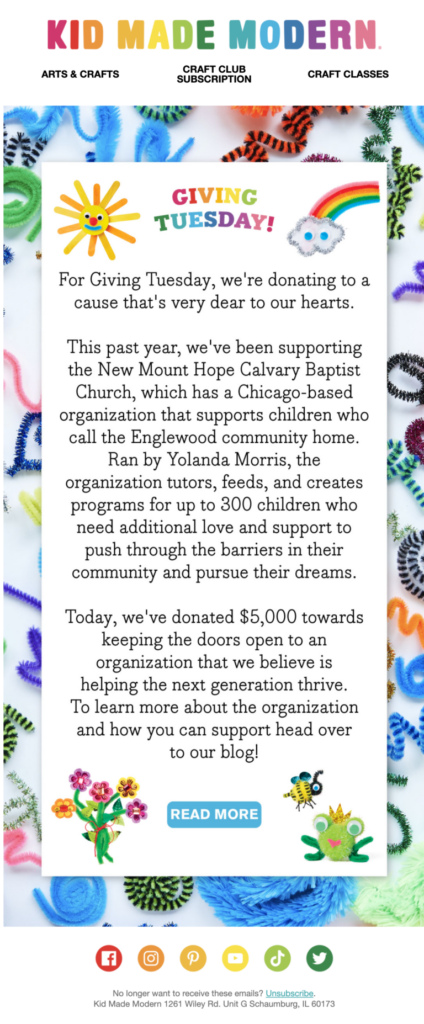 A screenshot of the "The Kid Made Modern" newsletter, showcasing its vibrant design and engaging content for young creators.