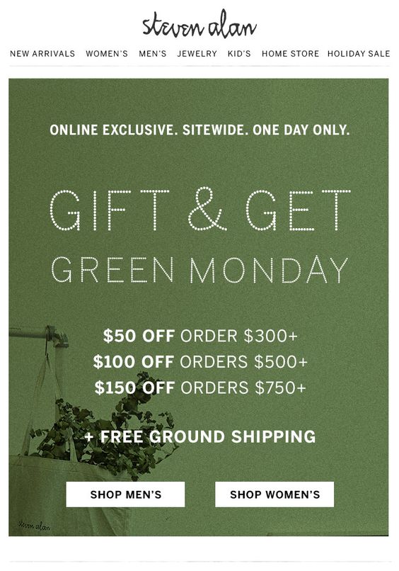 A vibrant green coupon promoting special offers for Green Monday sales, featuring bold text and eye-catching design elements.