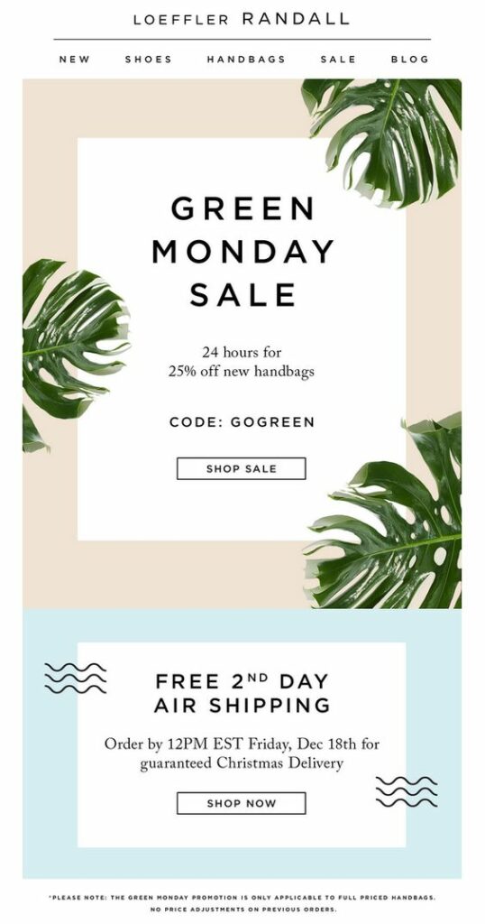 Promotional banner for Green Monday Sale featuring vibrant floral designs and enticing discounts on Le Fleurs products.