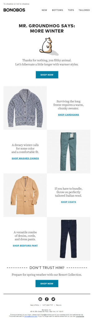 Email page of a clothing company's website, featuring a clean layout and options for customer inquiries and subscriptions.