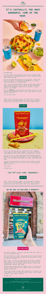 A vibrant pink and green page showcasing various plant-based foods, celebrating Veganuary with colorful culinary options.