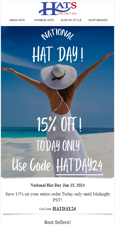 A colorful coupon advertising Hat Day, showcasing a trendy hat design, encouraging customers to celebrate the occasion.