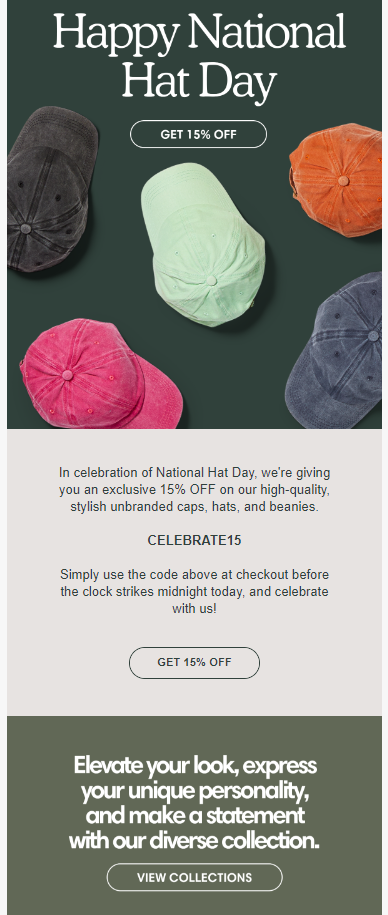 An engaging email for National Hat Day, displaying an array of hats and a cheerful message, promoting the festive occasion.