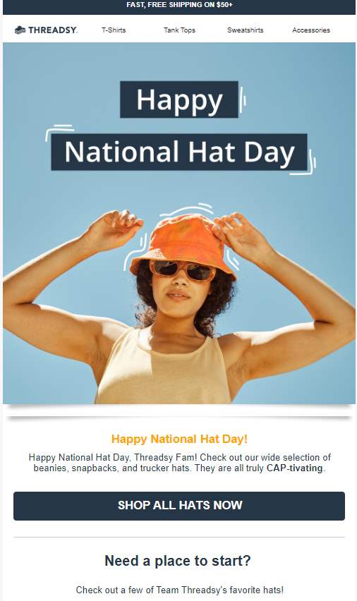 A cheerful email template celebrating National Hat Day, featuring colorful hats and festive designs.
