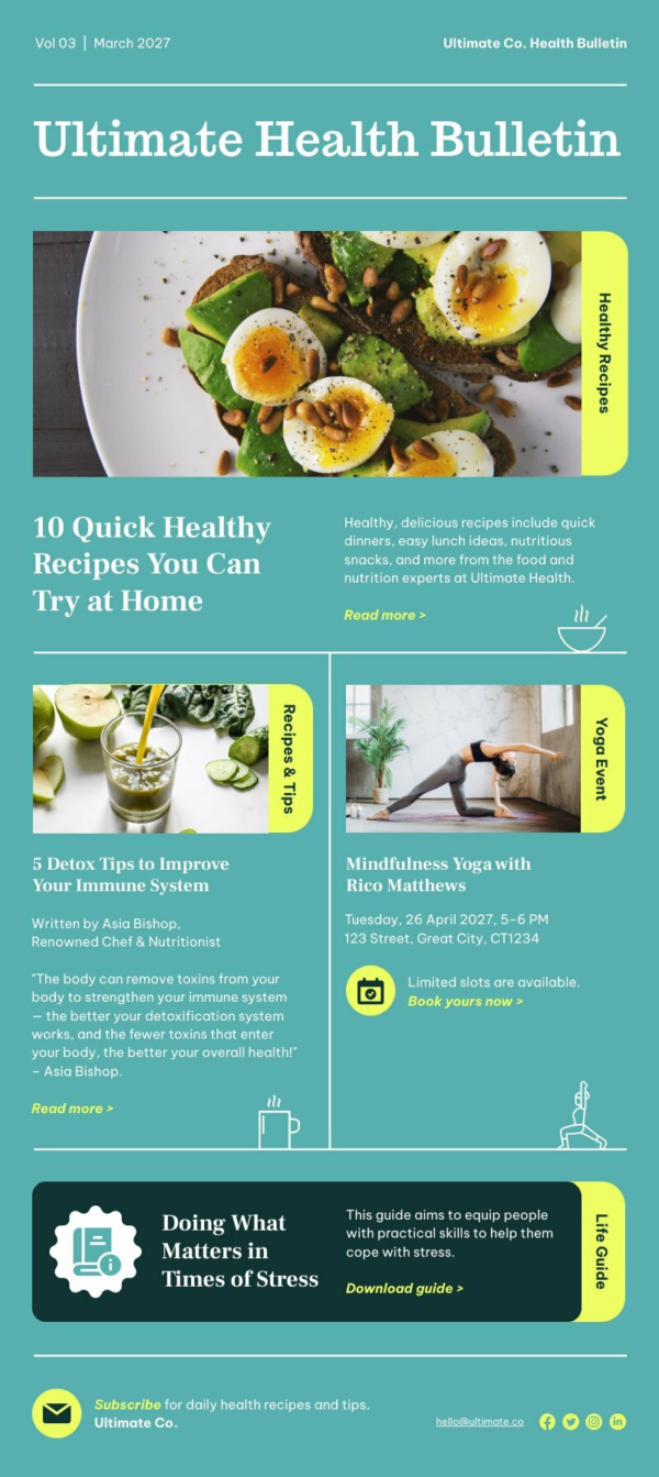 A visually appealing template for a free health newsletter titled "Ultimate Health Bulletin," designed for informative content.