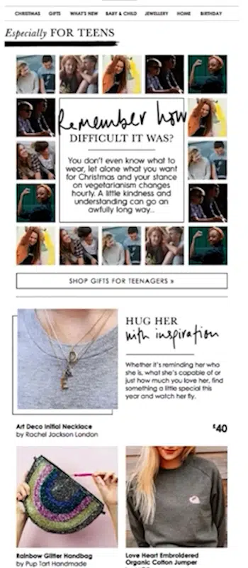 A screenshot of the clothing store's website page featuring their gift guide for shoppers.