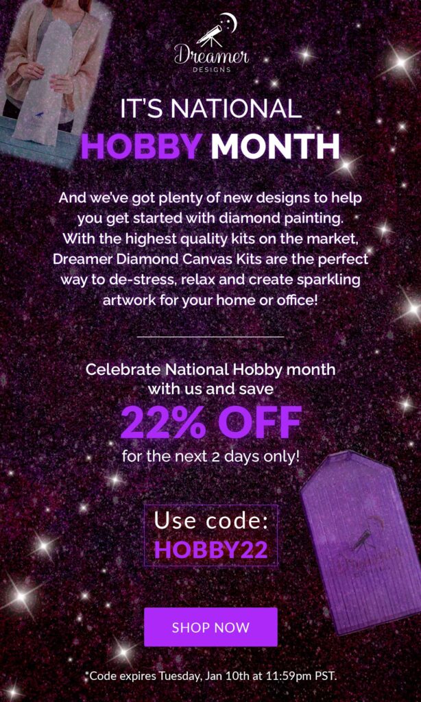 Image highlighting National Hobby Month with a striking "22% Off" offer displayed prominently.