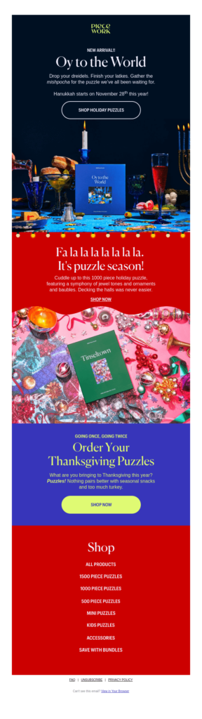 Email design, featuring festive imagery and informative content about the celebration.