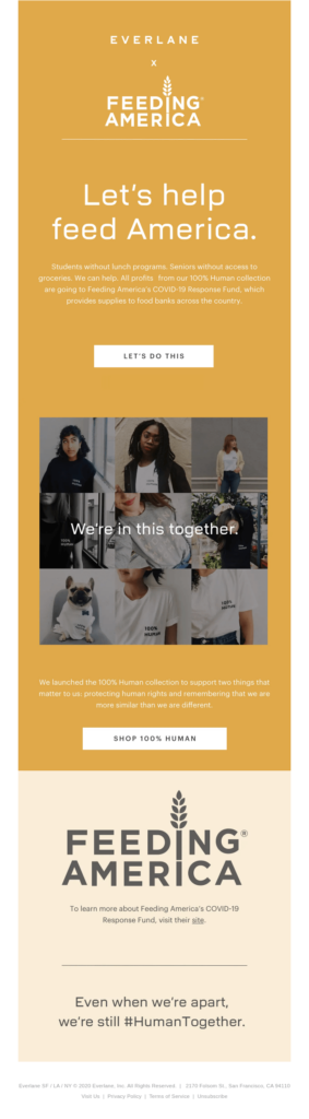 Email design displaying the phrase "Feeding America" prominently in a clean, modern layout.