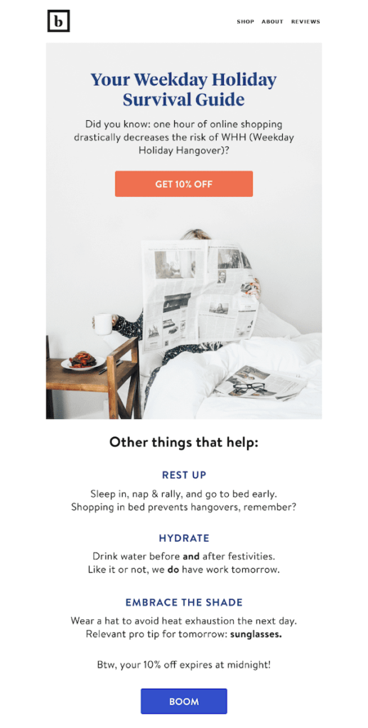 Email template for a holiday survival guide, designed for those recovering from a festive hangover.