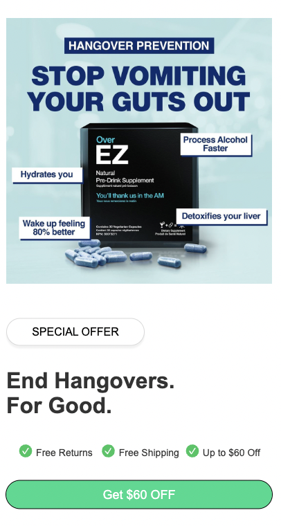 Email design illustrating relief from hangover symptoms after a night out.