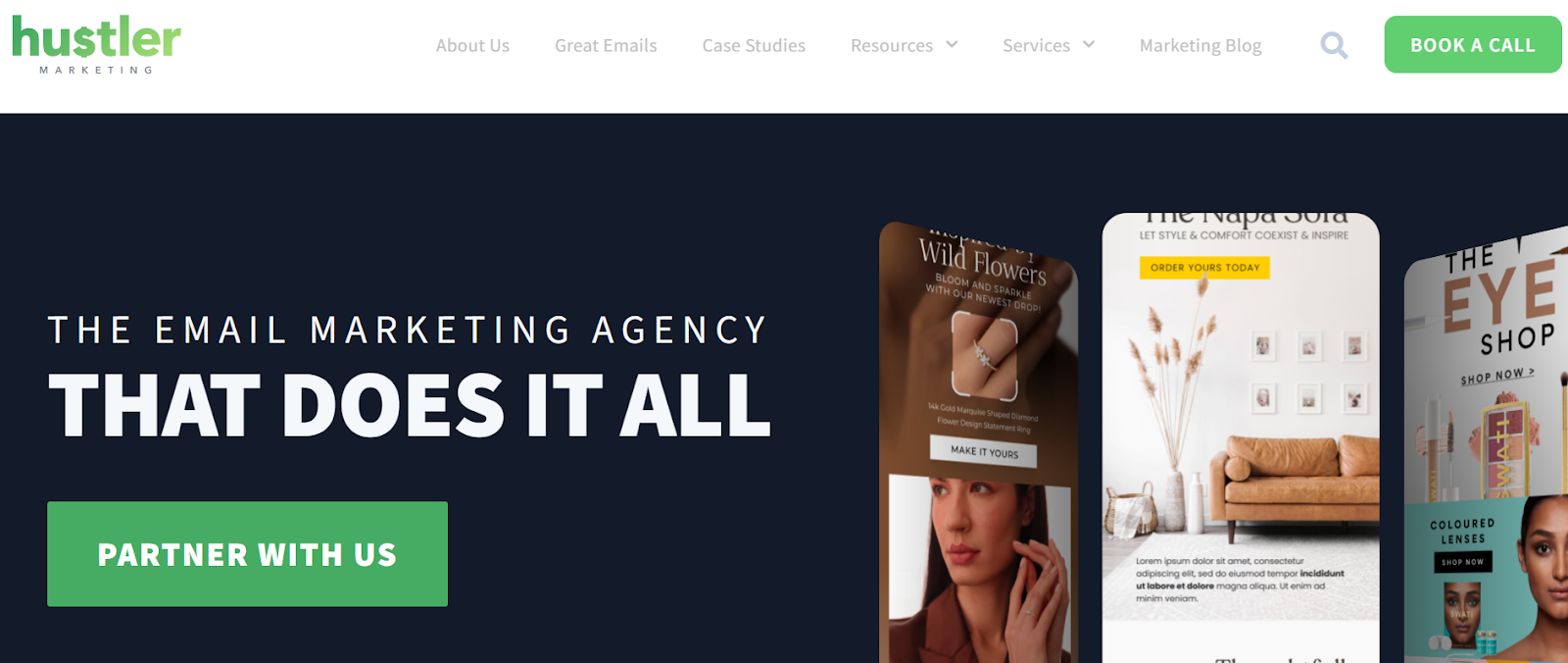A screenshot of the Hustler Marketing email marketing agency website showcasing its design and services.