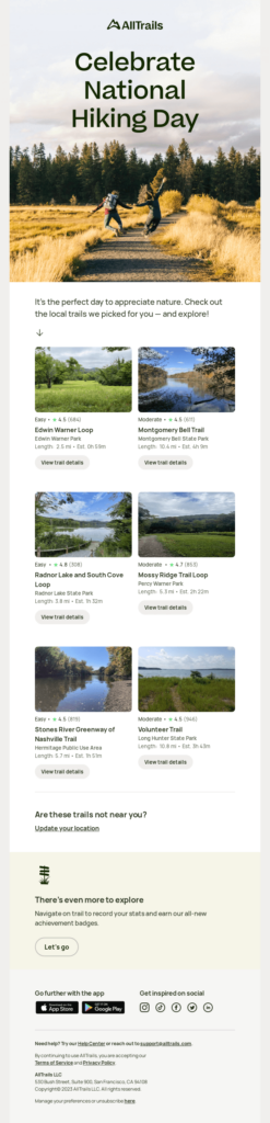Hiking newsletter, highlighting course details, booking options, and membership information.