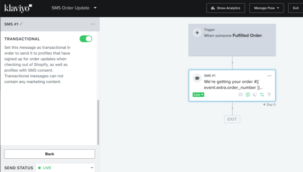 Overview of transaction flow in the Klaviyo, showcasing the integration with Klaviyo SMS Marketing.