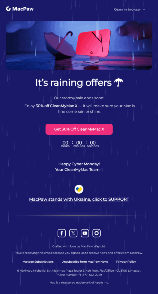 Email template designed for rain notifications, featuring a clean layout and engaging visuals to capture attention.
