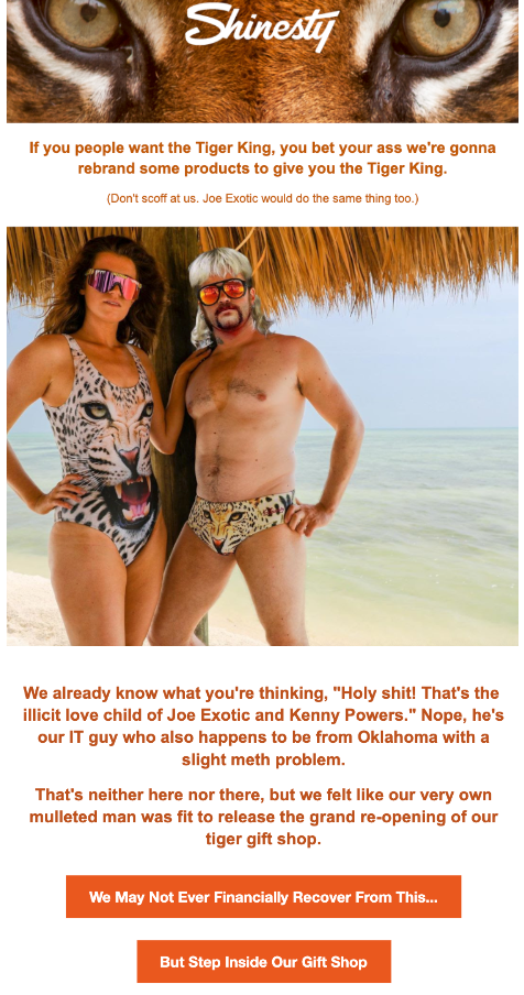 Email design with a couple in vibrant swimwear poses joyfully.