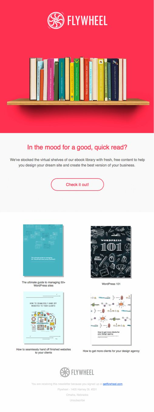 Flywheel email design showcasing a library's resources and services for users to explore.