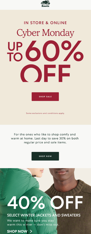 Email design displaying "Cyber Monday" with a promotional banner indicating discounts of up to 60% off.