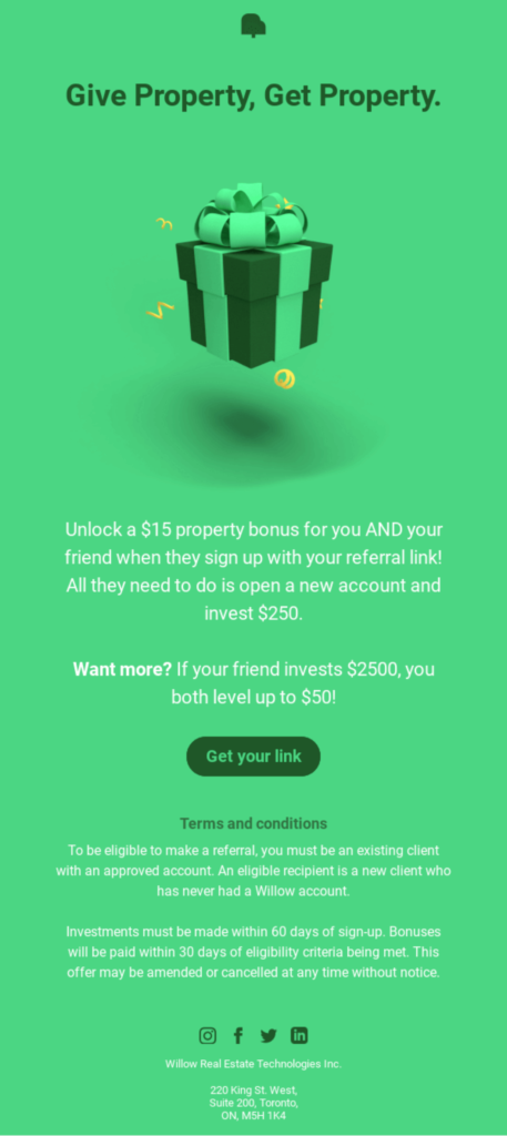 A green-themed email template designed for real estate communications, featuring a modern layout and professional aesthetics.