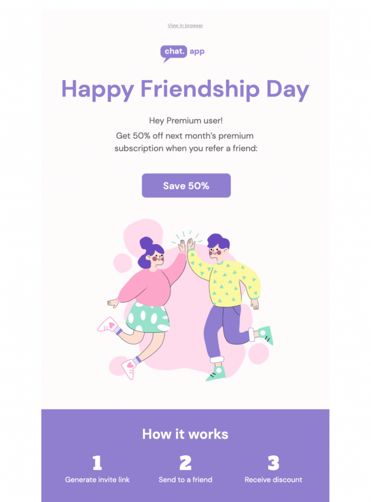 A cheerful email template celebrating Friendship Day, featuring vibrant colors and friendly graphics.