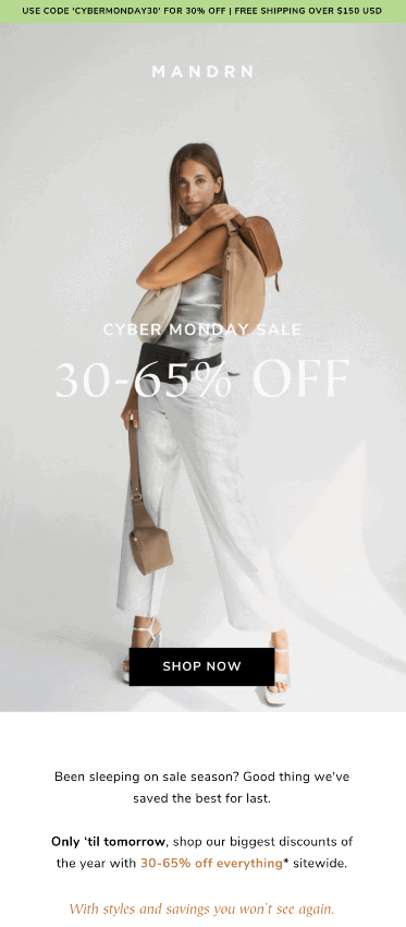 Cyber monday email for Mandin, a clothing store, shown with a chic design highlighting various clothing pieces and styles.