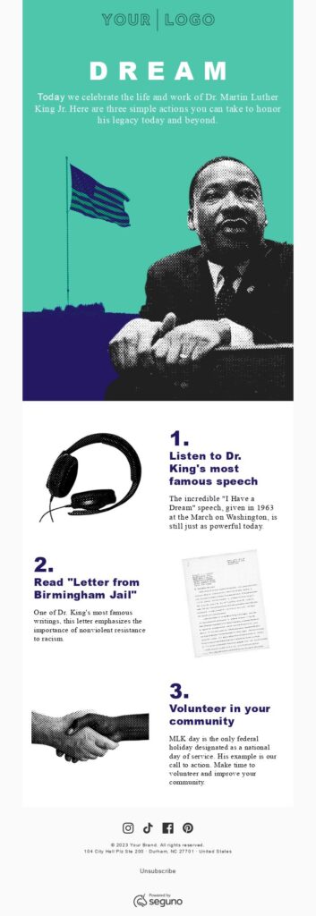 Email design featuring Martin Luther King Jr. displayed prominently against a blue background, symbolizing hope and unity.