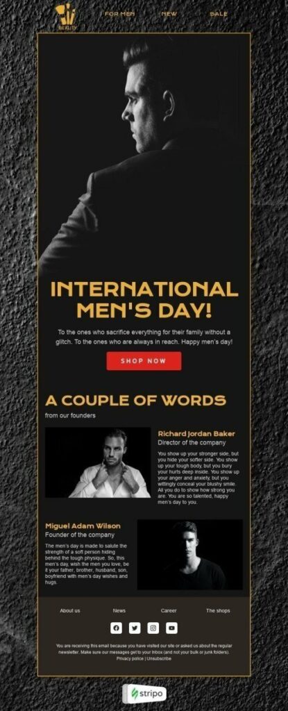 Landing page design for International Men's Day featuring diverse male figures and empowering messages.