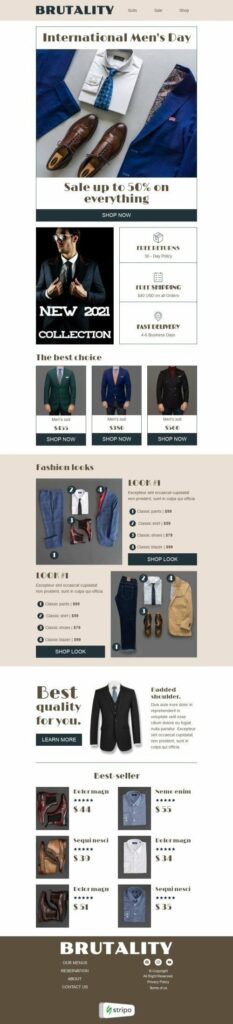 A clothing store's newsletter design highlighting Men's Day promotions, with a focus on fashionable men's clothing and offers.
