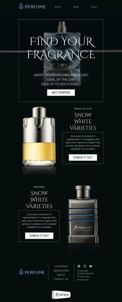 Elegant perfume email design featuring a sophisticated layout, perfect for celebrating Men's Day with stylish fragrances.