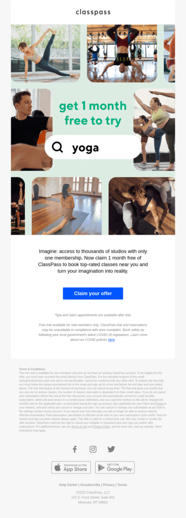 "Get a Month of Yoga" email promoting mindbody wellness services.