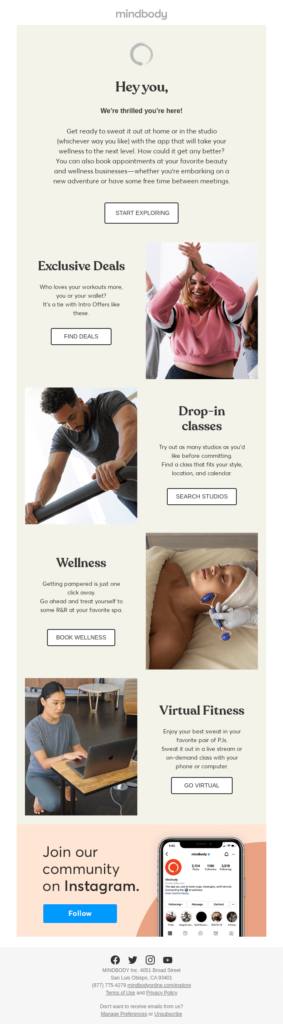 Email design for a fitness center featuring mindbody wellness elements, showcasing a modern and inviting layout.