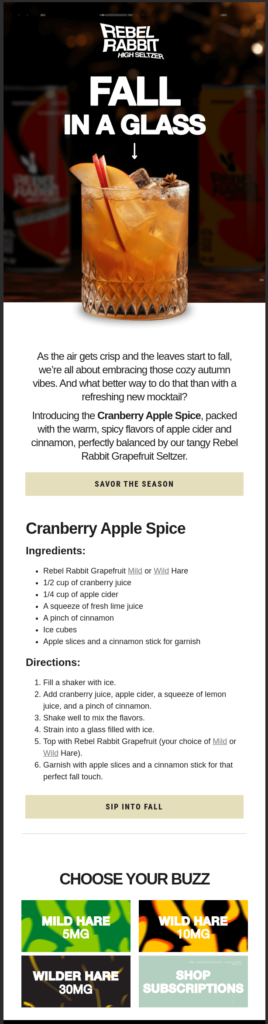 A vibrant newsletter titled "The Fall in Glass" featuring refreshing mocktail recipes for Mocktail Week.