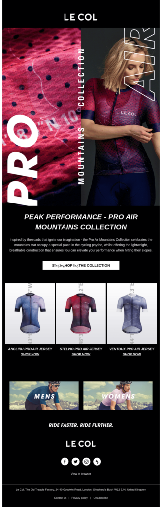 Email design of a le col pro cycling jersey, showcasing its sleek design and vibrant colors, ideal for professional cyclists.