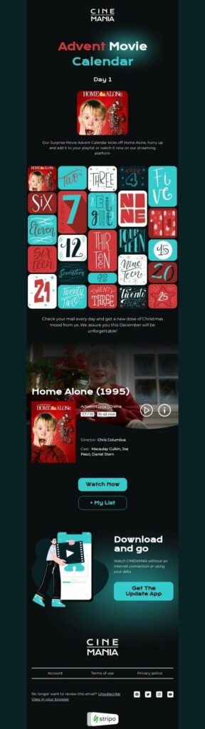 A visually appealing email with a bold black and red color scheme on a rich red background.