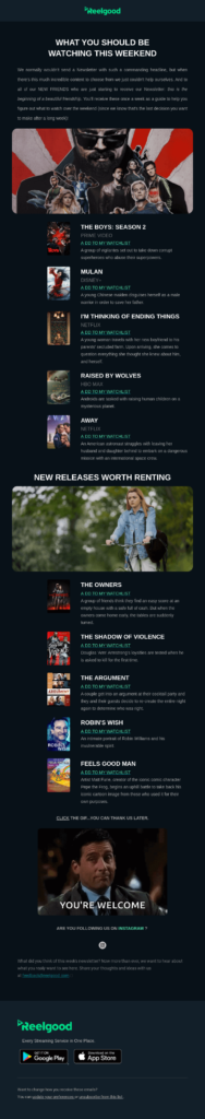 Email design from the Movie Day website, featuring movie posters and information for film enthusiasts.