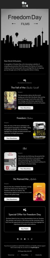Email design showcasing National Freedom Day, featuring vibrant colors and symbols of liberty and unity.